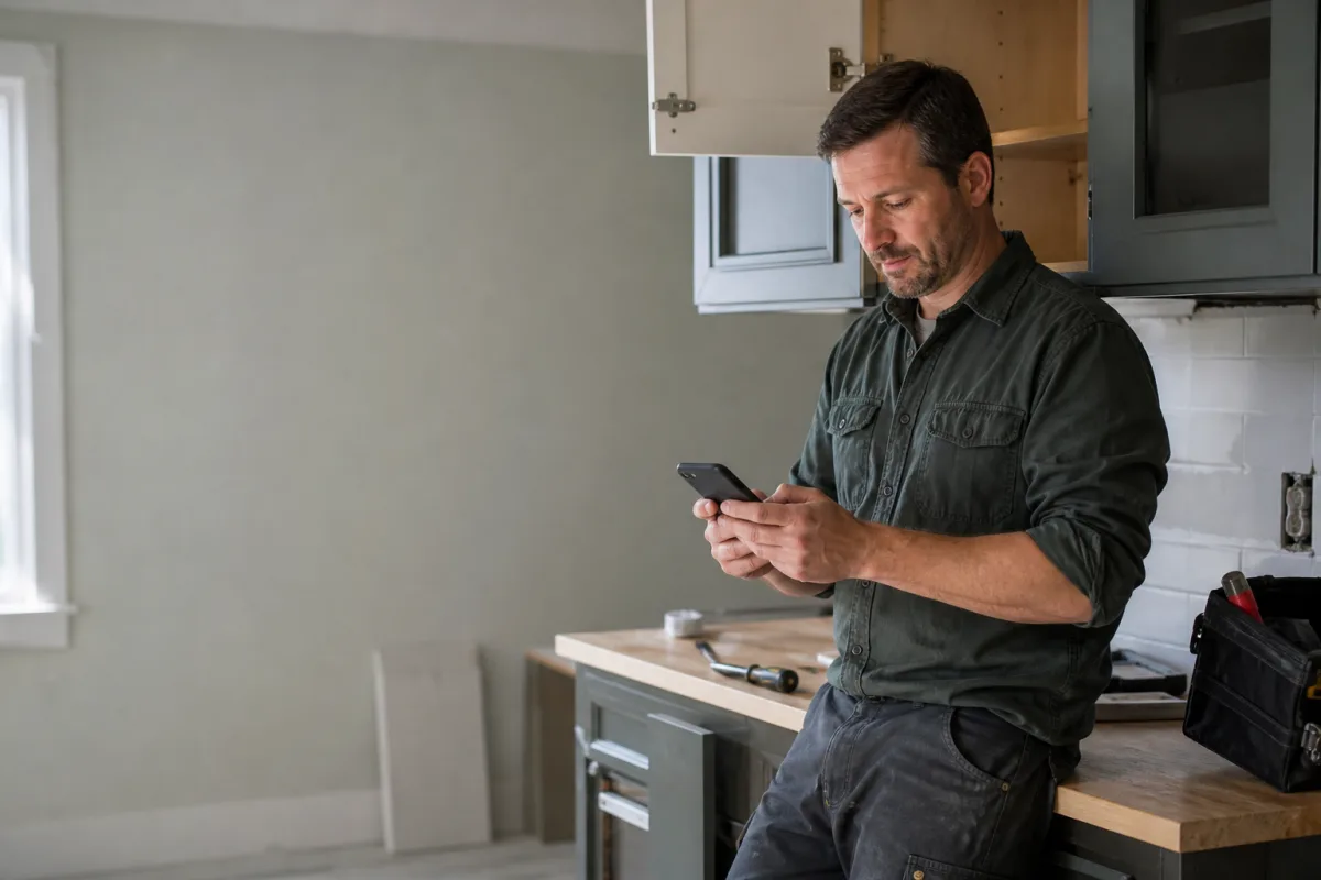 Handyman checking a customer request while working on kitchen cabinets
